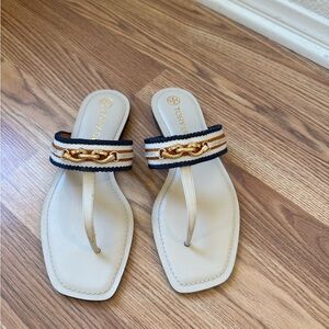 Tory Burch Beige Sandals with Gold and Navy Accents
